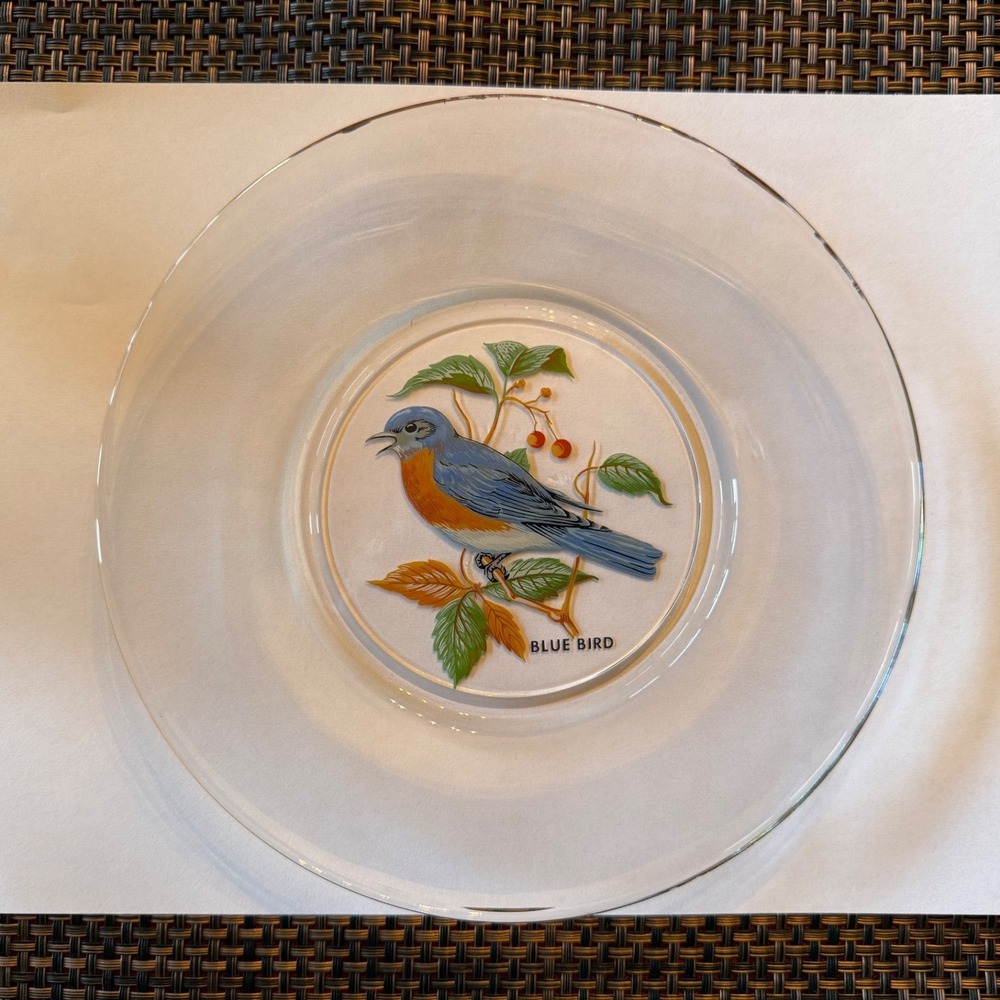 Vintage Bird Glass Dessert Plates Set 8 Gold Rim Cardinal Blue Jay‎ MCM Songbird